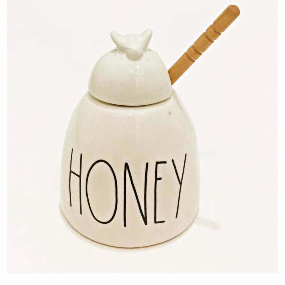 Rae Dunn Ceramic Honey Pot Jar with Wooden Dipper Has A Bee On Top of Lid